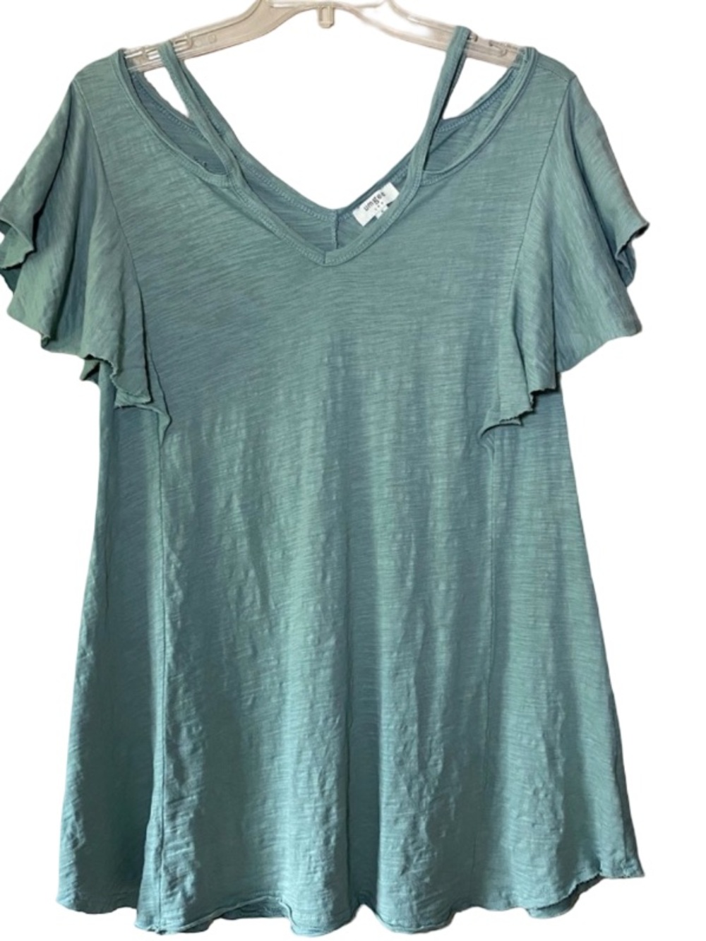 Umgee Burnout Cold Shoulder Flutter Sleeve Sage Green Tunic Top Ladies Small